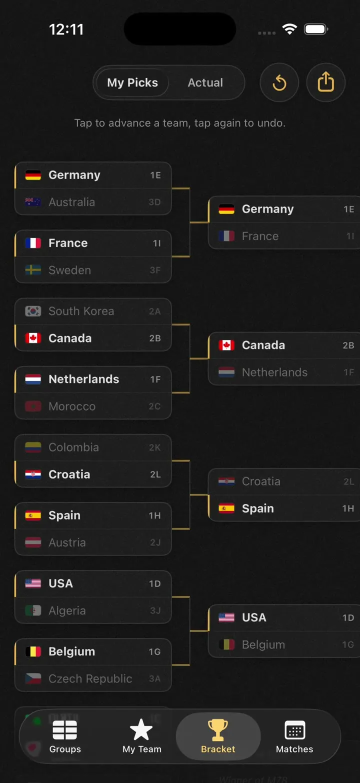 The Extra Time bracket screen with knockout picks filled in